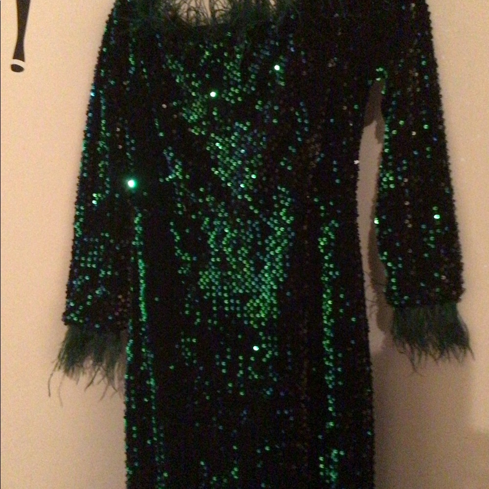Off Shoulder Feather Long Sleeve Sequin Dress